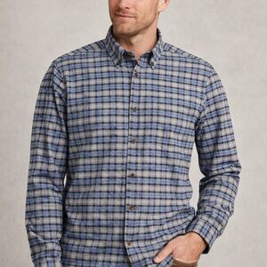 Orvis mens button down shirt medium plaid blue gray cotton flannel long sleeve